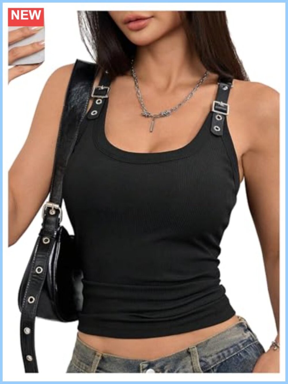 Y2k Ribbed Tank Top Square Neck Slim Fit Crop Punk Top